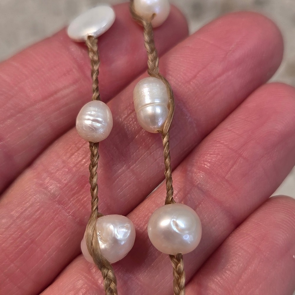 Boho Freshwater Pearl Braided Cord Long Strand Necklace Sterling Silver 34"